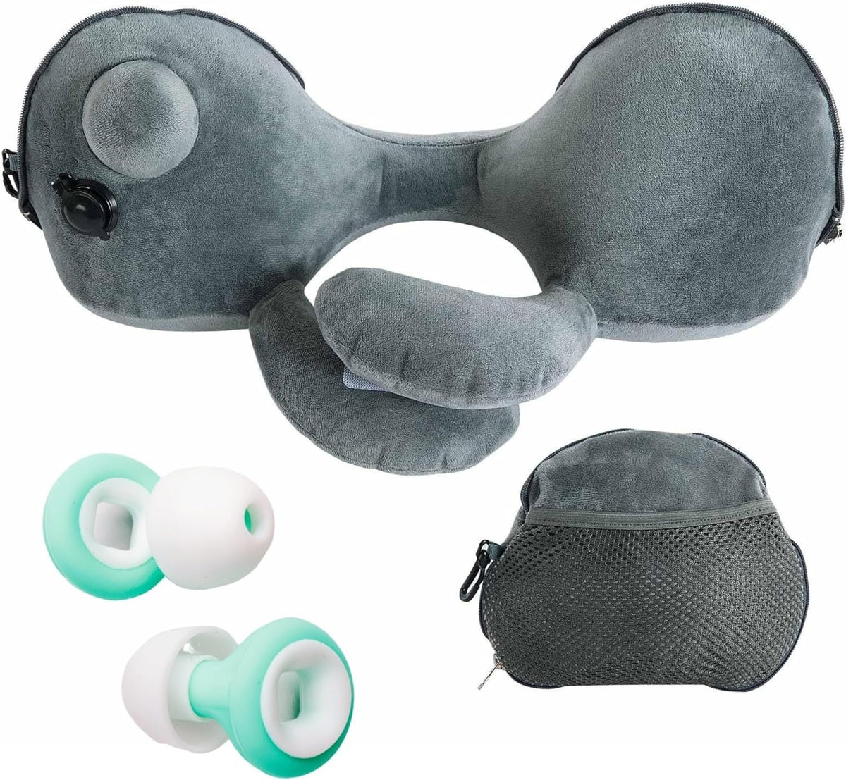 Set de călătorie: pernă gonflabilă pentru gât și dopuri de urechi din silicon