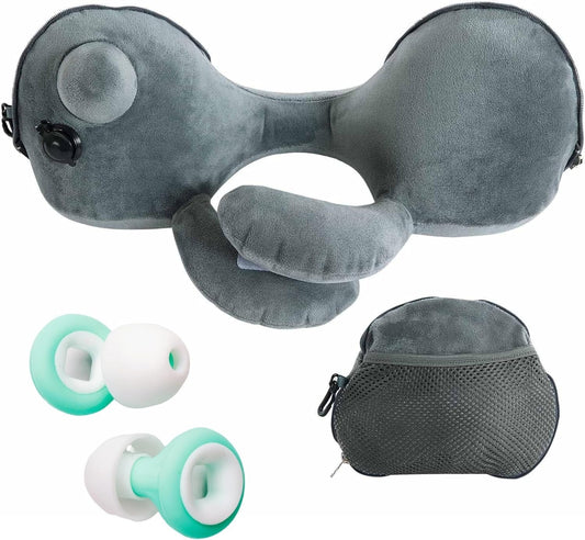 Set de călătorie: pernă gonflabilă pentru gât și dopuri de urechi din silicon