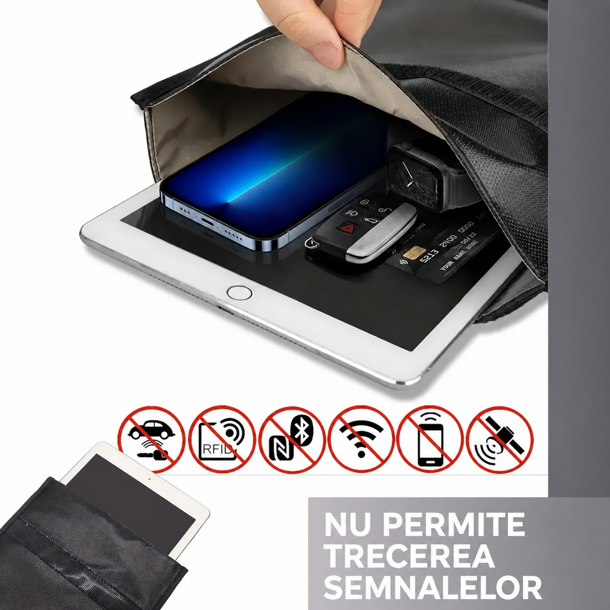 Husă Faraday pentru telefon cu blocare semnal GPS, Wi-Fi și RFID (89400001)