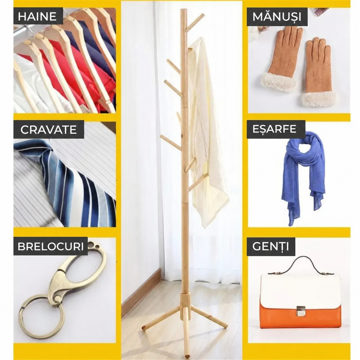 Cuier de podea din bambus cu 8 cârlige, design natural, montaj ușor (91810001)