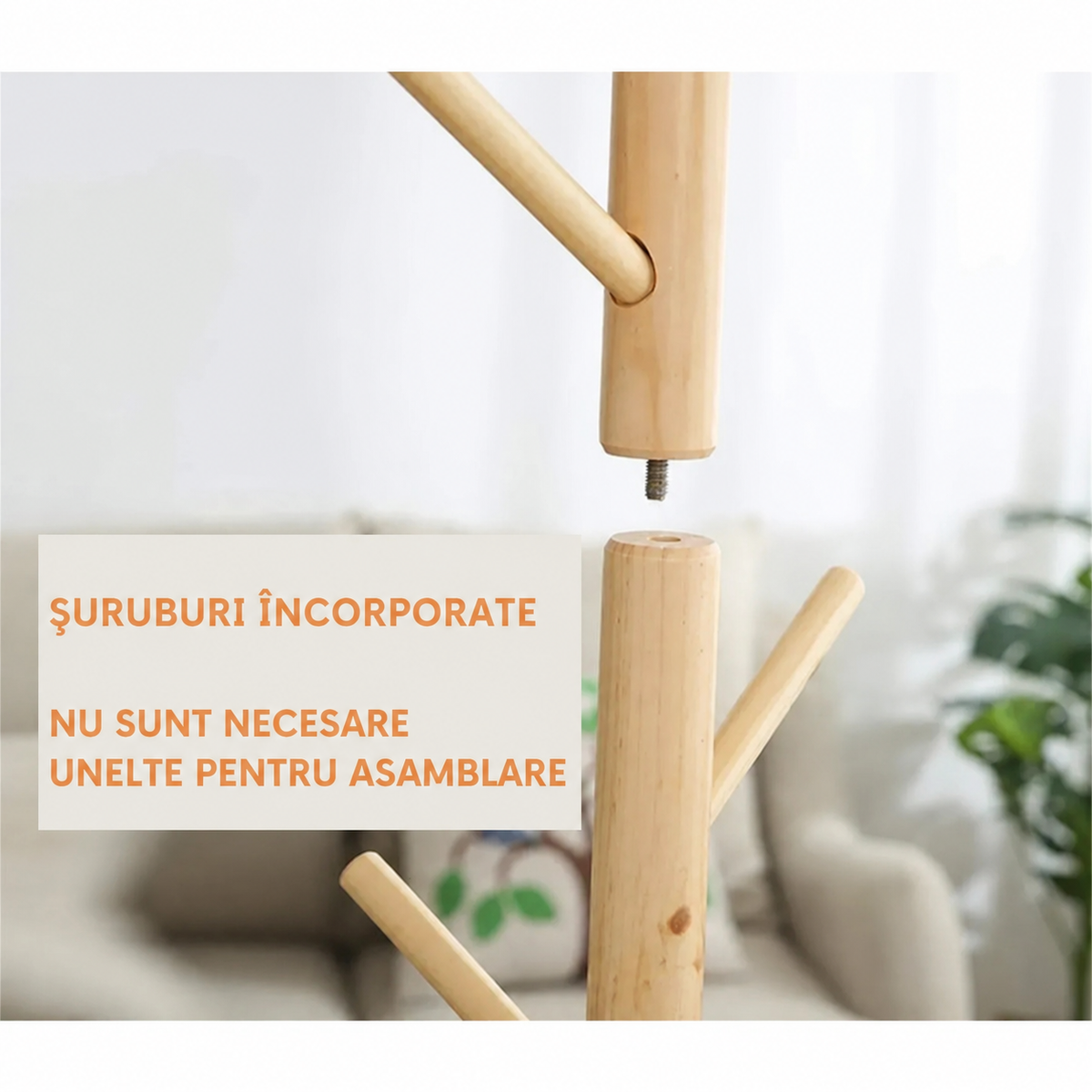 Cuier de podea din bambus cu 8 cârlige, design natural, montaj ușor (91810001)